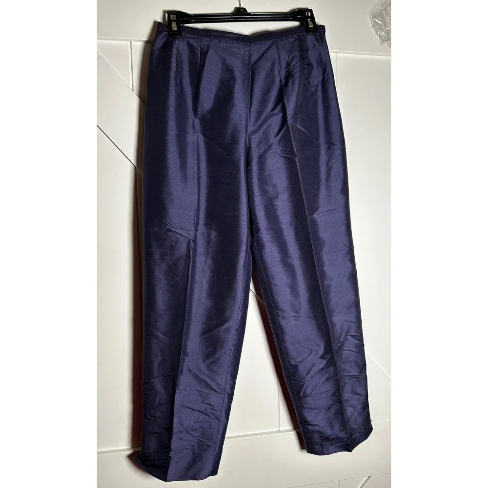 Talbots Petites Navy Pure Silk Floral Embroidered Blazer Pants Suit Set Sz‎ 8P